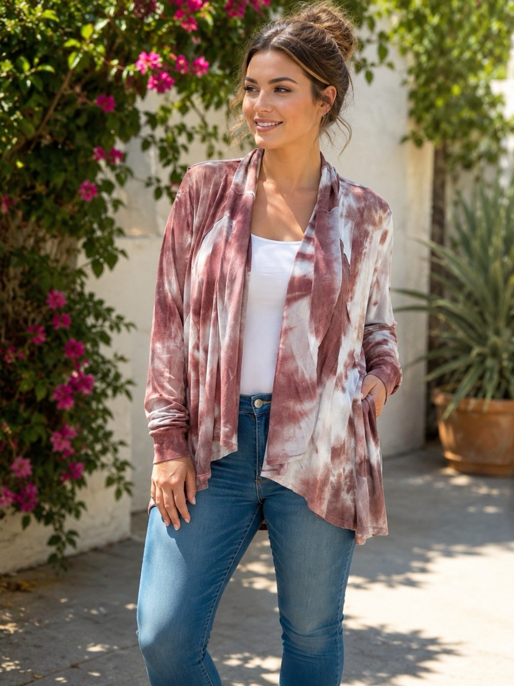COCO + CARMEN Tie Dye Waterfall Cardigan 4/XL Mauve High Low Boho
